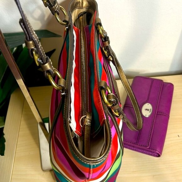 Coach Legacy Stripe Tote F0926-F14009 and Fossil Wallet with Coordinating Color - Picture 6 of 10